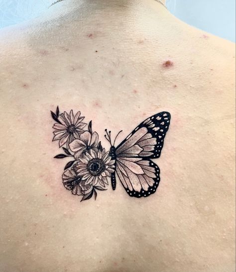 Cover Butterfly Tattoo, Monarch Butterfly Flower Tattoo, Butterfly Tattoo Sunflower, Half Moth Half Flower Tattoo, Half Butterfly Half Flower Tattoo Design, Half Moth Half Butterfly Tattoo, Butterfly Tattoo Half Flowers, Half Butterfly Half Sunflower Tattoo, Half Butterfly Half Sunflower