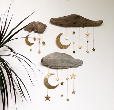 Driftwood Mobile, Driftwood Diy, Driftwood Art Diy, Brass Sheet, Goodnight Moon, Driftwood Projects, Diy Wind Chimes, Driftwood Decor, Driftwood Crafts