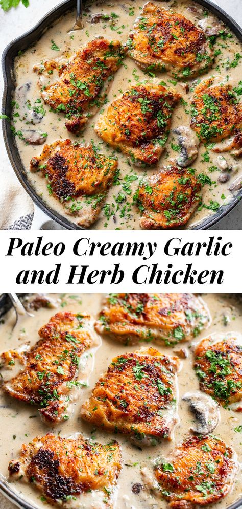 Paleo Chicken Thighs, Mushroom Spaghetti, Paleo Running Momma, Chicken Thighs Mushrooms, Garlic Herb Chicken, Recipes Skillet, Whole30 Dinner Recipes, Mushroom Cream Sauces, Paleo Chicken Recipes