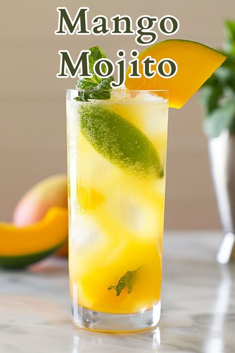 A Mango Mojito is a refreshing cocktail that combines the tropical sweetness of mango with the classic minty and citrus flavors of a traditional mojito. It is made with simple syrup, fresh mint, lime juice, rum, mango nectar, and topped with club soda. Mango Rum Cocktail, Mango Rum Drinks, Mango Mojito Recipe, Summer Rum Cocktails, Best Mojito Recipe, Dark Rum Cocktails, Rum Cocktails Easy, Cocktails To Make At Home, Rum Drinks Recipes