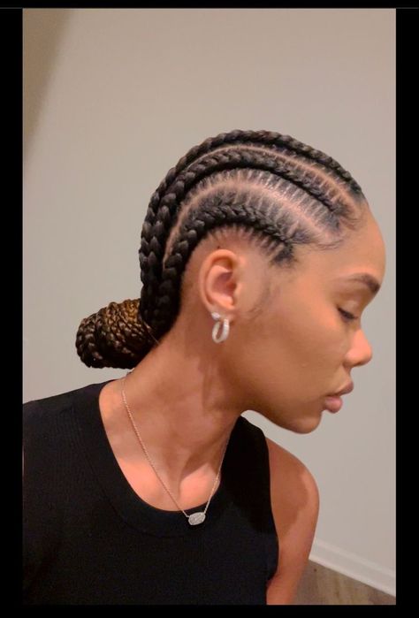 Flat Cornrow Hairstyles, Thick Stitch Braids, Corn Row Braids Bun, Cornrows With A Bun, 6braids Hairstyle, Straight Back Cornrows With Bun, 6 Straight Back Feed In Braids With Curls, Stitch Braids 4c Hair, Corn Row Bun Black Women