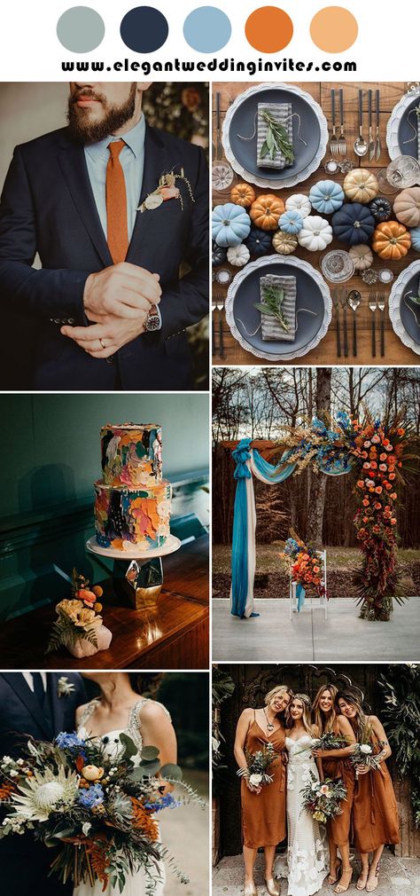 Blue Fall Wedding, Wedding Palettes, Rust Wedding, Fall Wedding Color Schemes, Rustic Wedding Colors, Rusting Wedding, Burnt Orange Weddings, Wedding Color Trends, Wedding Themes Fall