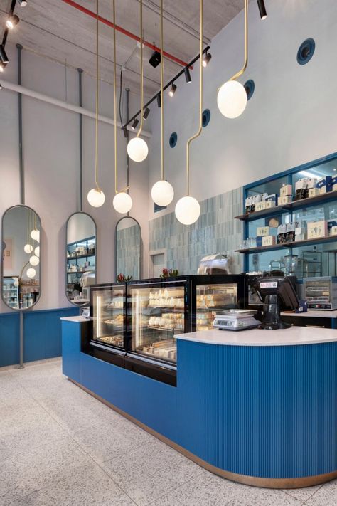 Dream Bakery, Pie Pastry, Patisserie Design, Bakery Shop Design, Blue Cafe, Bakery Store, Bakery Interior, Blue Interior Design, Bakery Decor