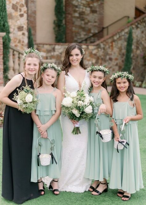 Sage Green Junior Bridesmaid Dresses, Flower Girl Dresses Sage Green, Sage Green Flower Girl Dress, Sage Green And White Wedding, Presley Wedding, Green Flower Girl Dresses, Blue Green Wedding, Sage Green Flowers, Bridesmaids Ideas