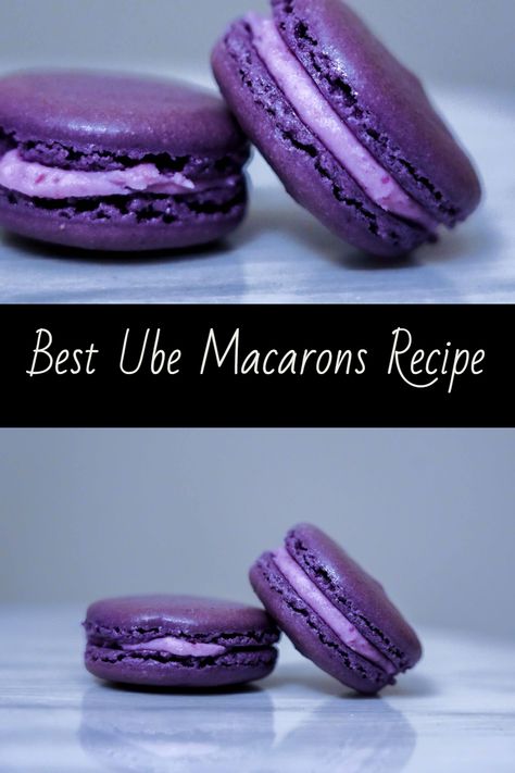 Ready to conquer the art of French baking? Kim's Eatery's Ube French Macaron recipe is your ticket to success! Follow our step-by-step instructions to create these exquisite treats with their signature crisp exterior and soft, flavorful filling. Elevate your dessert game and impress your loved ones with your newfound skills. Visit Kim's Eatery's website for the full recipe. Ube White Chocolate Ganache, Ube Macaroons Recipe, Ube Coconut Macaroons, Ube Macarons Recipe, Ube Cupcakes Moist Recipe, Ube Powder Recipes, Ube Desserts Recipes, Ube Macarons, Ube Cupcake Recipe