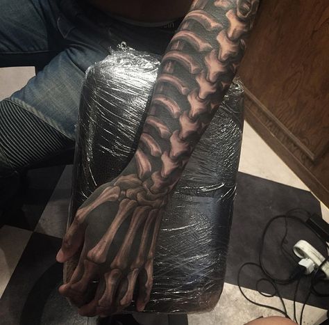 Creepy sleeve with a black background and spine, rib cage & hand bones, done on guys arm and hand. Skeleton Forearm Tattoo, Biomech Tattoo, Scorpion Tattoos, Arm Bones, Cage Tattoos, Skeleton Tattoo, Ribcage Tattoo, Blackout Tattoo, Bone Tattoos