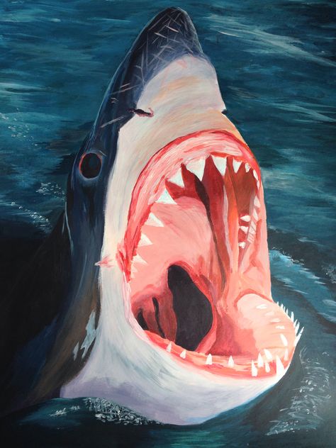 In honor of shark week! I should do an acrylic shark painting, that'd be something to do on my overnights at least lol Great White Shark Painting Acrylic, Shark Wall Painting, Shark Underwater Painting, Shark Painting Acrylic Easy, Great White Shark Painting, Great White Shark Art, Shark Painting Ideas, Jaws Painting, Shark Acrylic Painting