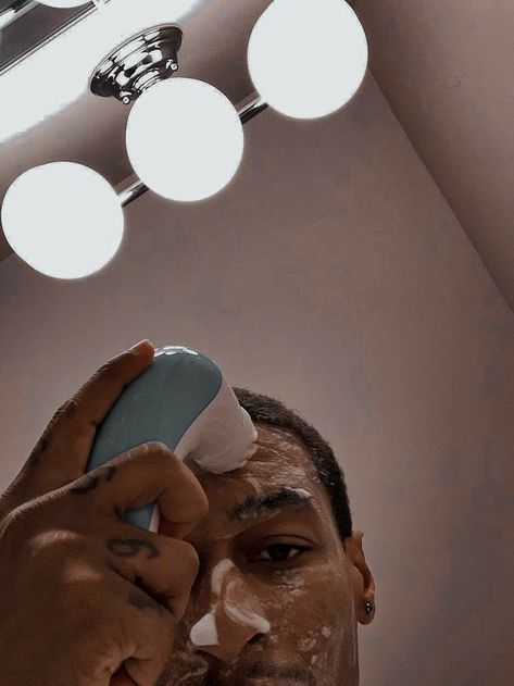 Grooming Aesthetic Men, Guy Skincare Aesthetic, Black Man Self Care, Male Self Care Aesthetic, Men Doing Skincare, Black Men Self Care Aesthetic, Men Skincare Aesthetic, Black Men Skin Care, Mens Self Care