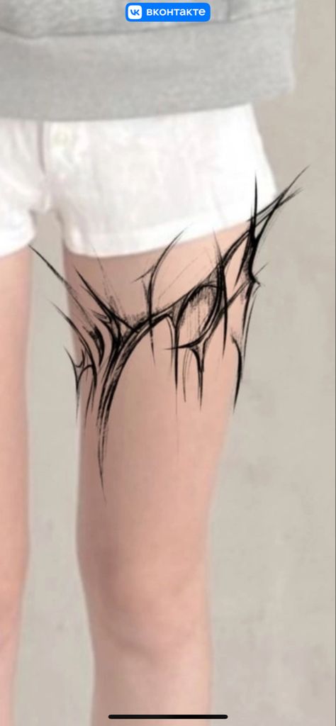 Alt Leg Tattoos, Cybersigilism Tattoo Thigh, Lower Thigh Tattoos Women, Cursed Tattoo, Cool Leg Tattoos, Behind Leg Tattoo Thighs, Symetric Tattoo, Pair Tattoos, Gotik Tattoo