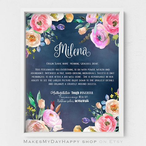 Milena name meaning,Watercolor pink peonies,Nursery floral decor,Floral name,Custom first Name,Personalized given Name,nursery wall art by MakesMyDayHappy on Etsy Milena Name Meaning, Peonies Nursery, Nursery Floral, Gift Shops, Given Name, Floral Nursery, Name Meaning, Numbers Font, Different Fonts