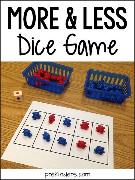 This is a simple, easy-prep game you can use to teach more and less to your prekinders. I used bear counters, but the possibilities are endless. You could use Unifix cubes, flat floral marbles, foam craft shapes, or any other manipulatives to match your theme. Prepare the activity: I chose two colors of the bear counters and put them in two baskets (I used red and blue). I used a