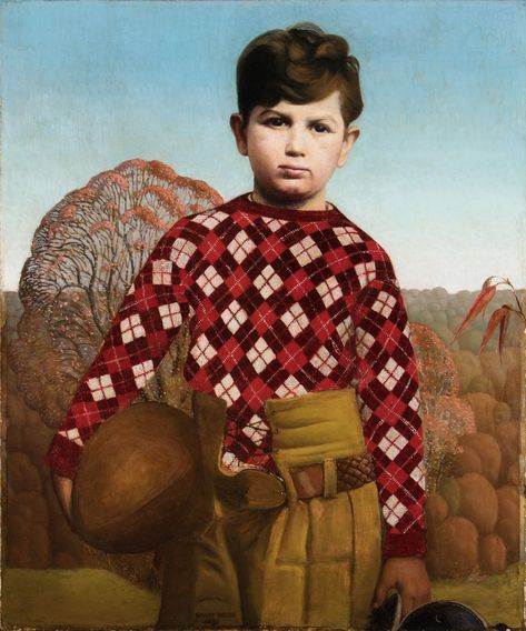 Grant Wood (1891–1942), Plaid Sweater, 1931. Oil on composition board, 29 1⁄2 x 24 1⁄8 in. (74.9 x 61.3 cm). University of Iowa Museum of Art, Iowa City Grant Wood Paintings, Artist Grants, Thomas Hart Benton, Grant Wood, American Gothic, Art Ancien, Plaid Sweater, Inspirational Art, Art Institute Of Chicago