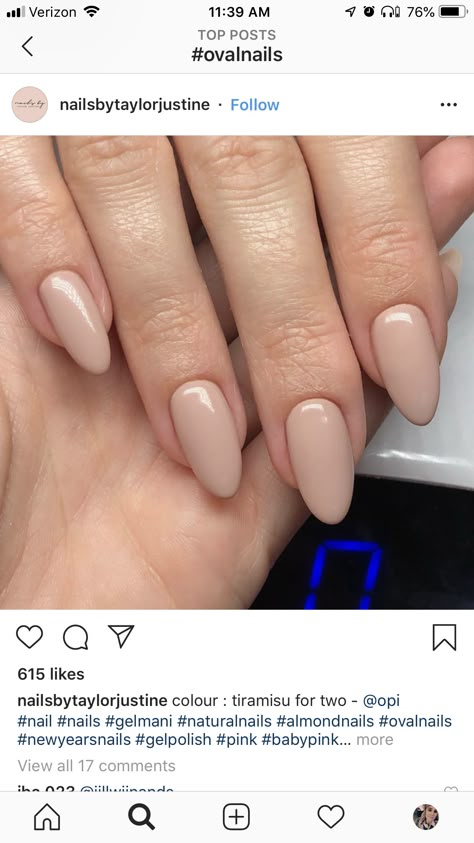 Oval Nails Beige, Beige Nails Almond Shape, Tiramisu Nail Color, Tan Opi Gel Polish, Almond Tan Nails, Opi Tiramisu For Two Gel, Creamy Brown Nails, Vanilla Chai Nails, Tiramisu Nails