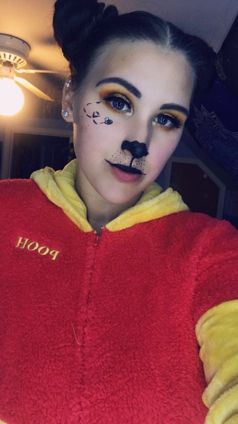 Winnie the Pooh costume I threw together ♥️ Winnie The Pooh Makeup, Pooh Makeup, Bear Face Paint, Pooh Costume, Winnie Poo, Winnie The Pooh Costume, Winnie The Pooh Halloween, Bear Makeup, Pregnant Halloween Costumes