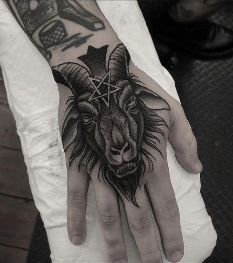 Baphomet hand tattoo done by Jayden @ seventh circle tattoo - Brisbane AUS Baphomet Hand Tattoo, Satanic Hand Tattoo, Aries Hand Tattoo, Baphomet Tattoo, Hand Palm Tattoos, Slipknot Tattoo, Black Sheep Tattoo, Brisbane Tattoo, Satanic Tattoos