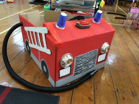 Cardboard box - Fire engine Cardboard Fire Engine, Fire Engine Cardboard, Cardboard Box Firetruck, Fire Engine Activities, Cardboard Firetruck, Box Fire Truck, Fire Engine Craft, Diy Fire Truck, Fire Safety Preschool Crafts