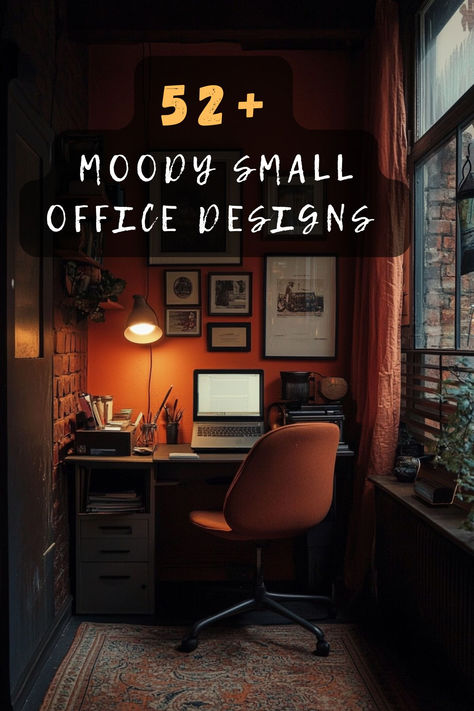 Create a cozy atmosphere with 52 moody office setups for small workspaces. Featuring plush seating, warm tones, and subtle decor, these designs offer comfort and style. Discover how to make your office a snug retreat. Click to explore these cozy ideas! 🖤💡 #CozyOffice #MoodySetups #PlushSeating #WarmTones #SubtleDecor Dark Boho Home Office, Cozy Office Ideas At Work, Home Office Small Space Bedrooms, Loft Office Ideas Upstairs Open, Small Apartment Home Office, Moody Office Ideas, Tiny Office Space Ideas, Office In A Small Space, Small Home Office Decor