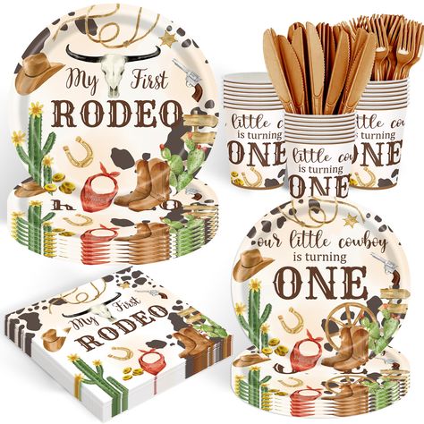 PRICES MAY VARY. 【Unique design】 The western wild cowboy tableware with classic cartoon images, bright prints and bright colors will create the most festive atmosphere for you and your guests. With its fashionable design and lovely characters, it will certainly be welcomed by children and adults! Make sure to meet their expectations! 【Serves 20 Guests】In Cowboy themed Party Packs,You will get ① 9inch Plate x20 ，② 7inch Plates x20，③ napkins x 20, ④ cups x 20, ⑤ knives x 20，⑥forks x 20 .Total 120P My First Rodeo Party, One Bday, First Rodeo Party, Cowboy First Birthday, 1st Rodeo, Rodeo Birthday Parties, Rodeo Party, Bright Prints, Cowboy Baby Shower