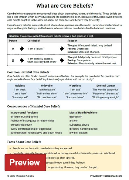 Core Beliefs Info Sheet (Worksheet) | Therapist Aid Core Beliefs Worksheet, Negative Core Beliefs, Marriage Therapy, Marital Counseling, Cognitive Therapy, Cognitive Behavior, Marriage Help, Counseling Activities, Clinical Psychology