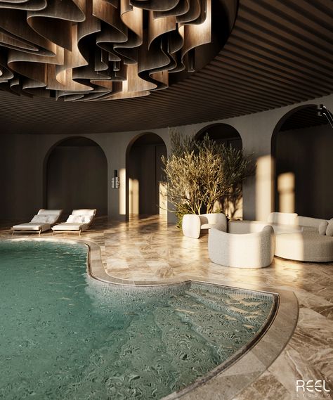 Pool Basement Design on Behance Pool Interior Design Luxury, Indoor Pool Designs, Indoor Pool Furniture, Luxury Swimming Pools Indoor, Interior Pool Design, Indoor Spa Pool, Hotel Swimming Pool Design, Spa Pool Design, Luxury Spa Room