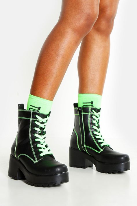 Womens Neon Lace Up Chunky Hiker Boots - green - 6 Denim Joggers Outfit, Grass Aesthetic, Chunky Combat Boots, Galaxy Converse, Galaxy Vans, Hiker Boots, Badass Aesthetic, Joggers Outfit