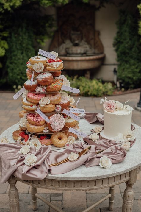 Reception Snacks, Anti Bride Wedding, Pastel Brunch, Wedding Reception Snacks, Doughnut Tower, Wedding Brunch Reception, Franciscan Gardens, Anti Bride, Wedding Playlist