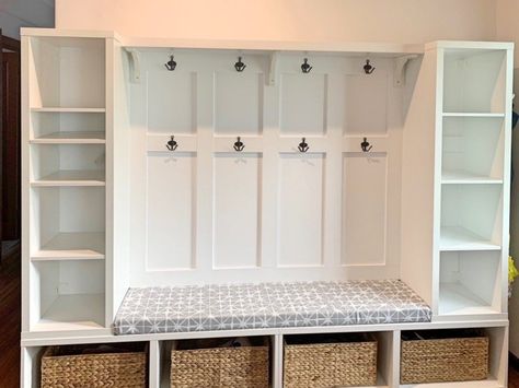 Build a snazzy mudroom with IKEA BESTÅ cabinets - IKEA Hackers Ikea Mudroom Storage, Entryway With Cabinet And Bench, Kallax Hack Mudroom, Entryway With Cabinets, Kallax Boot Room Hack, Kallax Boot Room, Kids Storage Entryway, Ikea Billy Mudroom, Ikea Entryway Closet Ideas