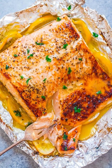 Lemon Garlic Butter Salmon (Sheet Pan Recipe) - Averie Cooks Lemon Garlic Butter Salmon, Honey Lemon Salmon, Baked Salmon Lemon, Lemon Butter Salmon, Lemon Garlic Salmon, Garlic Butter Salmon, Herb Roasted Potatoes, Averie Cooks, Pan Recipe