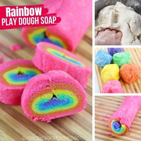 Squishy, Sudsy DIY Rainbow Play Dough Soap Makes Bath Time More Fun! Bubble Bath Diy Recipes, Play Dough Soap, Diy Bubble Bath, Rainbow Soap, Bath Crayons, Bath Bomb Recipes, Playdough Recipe, Diy Rainbow, Homemade Playdough