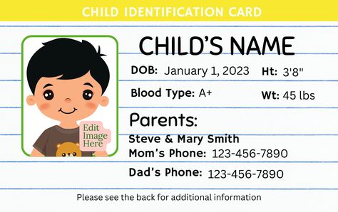 Editable Child ID Card Canva Template, Custom Kid ID Card Identification Card Template, Space Watch, School Id, Referral Cards, Id Card Template, Child Smile, Creative Freedom, Superhero Birthday, Card Printable