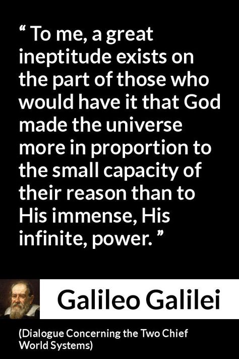 Galileo Galilei - Dialogue Concerning the Two Chief World Systems - To me, a great ineptitude exists on the part of those who would have it that God made the universe more in proportion to the small capacity of their reason than to His immense, His infinite, power. Famous Writers, Galileo Galilei, Literary Agent, World Famous, Great Books, The Two, Poets, The Universe, Writers