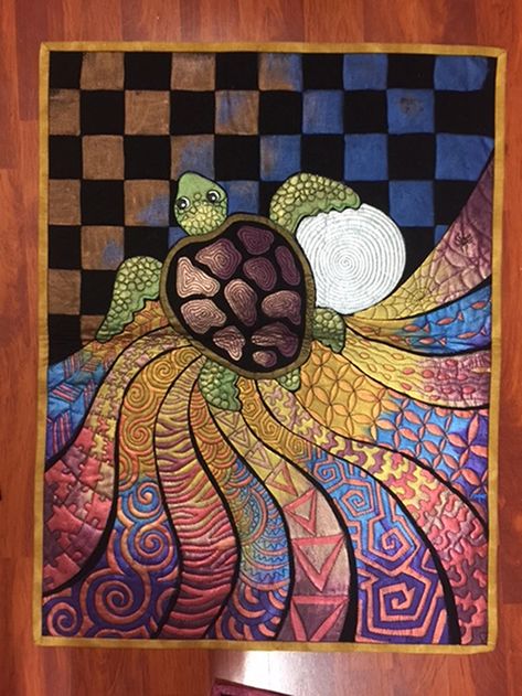 Flying Into Colours design - Turtle Quilt Helen Godden, Turtle Quilt, Quilting Motifs, Owl Wall Hanging, Landscape Quilts, Owl Wall, Pattern Library, Easy Quilts, Applique Quilts