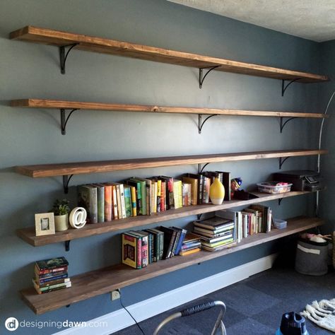 DIY Library Bookshelves - DesigningDawn.com Shelves On The Wall, Diy Library, Library Bookshelves, Library Shelves, Bookshelf Design, Bookshelves Diy, Estantes Flotantes, Shelf Design, Home Library