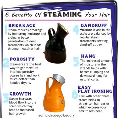 Rude Gal Beauty LLC. on Instagram: “6 Benefits of hair steaming✨hot mist steamer is definitely a beauty must have😻 Add to 🛒 Hot Mist Steamer 🧖‍♀️ www.rudegalbeauty.com” Handheld Hair Steamer, Benefits Of Steaming Hair, Hair Steaming At Home, Diy Hair Steamer, Hair Steamer Benefits, Black Hair Tips, Steam Hair, Hair Steamer, Hair Steaming