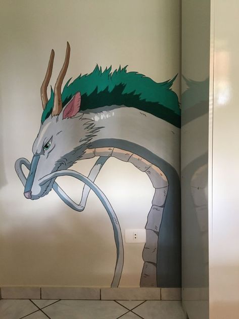 Anime Wall Drawing Ideas, Ghibli Wall Mural, Studio Ghibli Mural Painting, Studio Ghibli Wall Mural, Studio Ghibli Wall Painting, Ghibli Wall Painting, Anime Mural Wall Art, Anime Wall Painting Ideas, Haku Painting