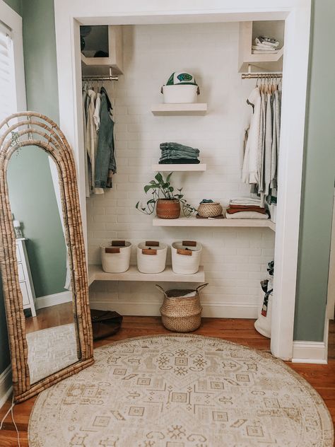 Open Closet With Shelves, Boho Open Closet Ideas, Open Door Closet In Bedroom, Open Concept Closet In Bathroom, Open Concept Bedroom Closet, Boho Closet Decor, Open Closet Concept Bedrooms, Open Face Closet, Open Closet With Vanity