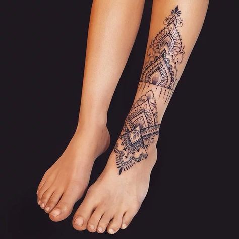 60 Best Tattoos for Girls who are Looking for their Next Stylish Ink in 2021 Womens Calve Tattoo, Mandala Foot Tattoo, Ankle Foot Tattoo, Cool Tattoos For Girls, Henne Tattoo, Cuff Tattoo, Shin Tattoo, Henna Inspired Tattoos, Polynesian Tattoos