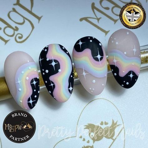 Pastel Groovy Nails, Nail Art Polish Designs, Cat Gel Nails, Nails With Acrylic Paint, Cute Pastel Nails, Celestial Nail Designs, Pastel Rainbow Nails, Cool Nail Art Designs, Celestial Nails