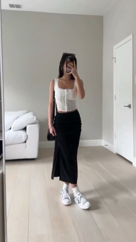 Korea Clubbing Outfit, Outfit With Sneakers Summer, White Top And Black Pants Outfit, Japan Outfit Inspo Summer, Work Function Outfit, Black Skirt Long Outfit, Long Skirt Black Outfits, Boba Date Outfit, Black Long Skirt Outfit Summer