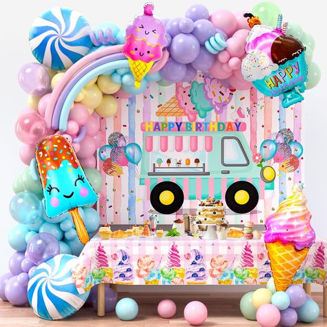 PRICES MAY VARY. 141Pcs Ice Cream Party Decorations - What little girl doesn't like sweet ice cream? Be sure not to miss our ice cream party decorations. You can get 123 latex balloons (5"+10"+12"), 4 bobo balloons (12"), 3 sets latex strip balloons, 1 ice cream backdrop, 1 ice cream tablecloth, 4 large ice cream foil balloons, 2 large candy foil balloons, 100 dots, 1 roll ribbon (10m), 1 balloon arch strip (5m). The macaron pastel ice cream balloons will surely make your children's birthday par Cream Tablecloth, Cream Party Decorations, Ice Cream Birthday Party Theme, Ice Cream Balloons, Pastel Ice Cream, Ice Cream Party Decorations, Cream Birthday Party, Candy Balloons, Ice Cream Decorations