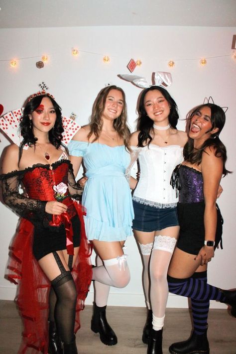 30 DIY Funny Group Halloween Costumes For Teens (group Of Three, Four, Five Or More) - RecipeMagik Alice In Wonderland Group Costume College, Group Of Seven Halloween Costumes, Alice In Wonderland Costume Queen Of, Alice In Wonderland College Costume, Alice In Wonderland Halloween Ideas, Alice And The Queen Of Hearts, White Rabbit And Cheshire Cat Costume, Halloween Costumes Alice In Wonderland Queen Of Hearts, Alice In Wonderland Queen Costume