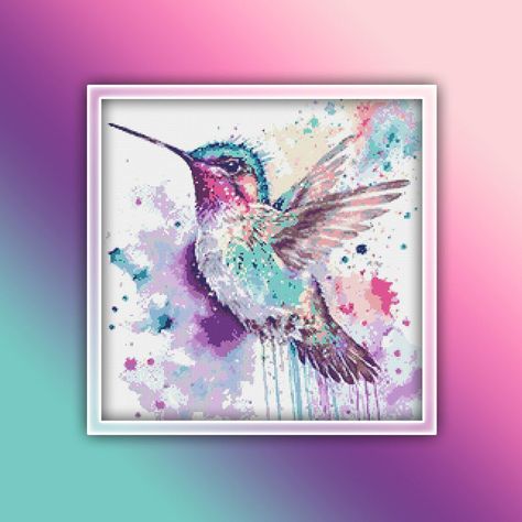 Watercolour Cross Stitch, Hummingbird Cross Stitch, Bird Cross Stitch Pattern, Hummingbird Watercolor, Colorful Hummingbird, Bird Cross Stitch, Watercolor Cross Stitch, Watercolor Cross, Stitch Shop