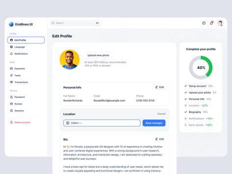 Edit Profile UI on Behance User Profile Web Design, Instagram Ui Design, Edit Profile Ui Design, Profile Page Web Design, Profile Ux Design, Profile Ui Web, User Profile Ui Design, Profile Page Ui, App Design Profile