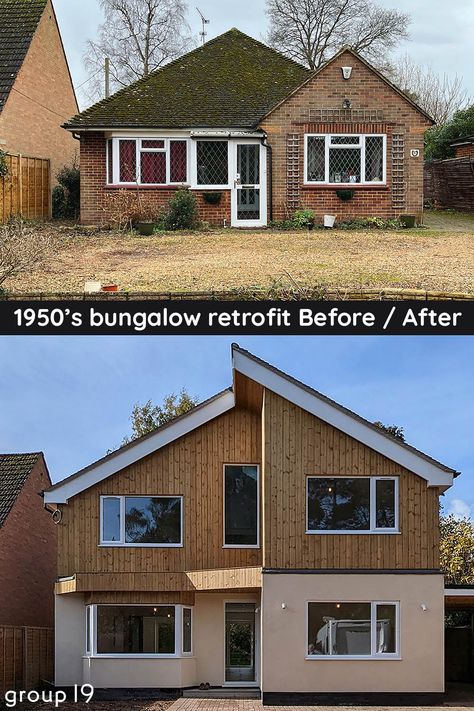 1950 bungalow retrofit project completed in 2022 in Berkshire, UK. We worked closely with our structural engineer to create a solution that maximises the use of the existing building and minimises the use of additional materials. The original foundations were able to take an additional storey allowing the project to keep within the original footprint. Bungalow House Design Uk, Bungalow Renovation Before And After Uk, Bungalow Renovation Before And After, Bungalow Addition, Bungalow Conversion, Bungalow Extensions, Craftsman Style Bungalow, Bungalow Exterior, Bungalow Renovation