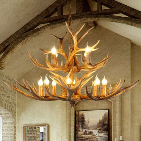 ad eBay - Find many great new & used options and get the best deals for Retro Resin Antler Chandelier Lodge Deer Horn Ceiling Pendant Lighting Fixture at the best online prices at eBay! Free shipping for many products! Resin Candle, Chandelier Farmhouse, Antler Chandelier, Bulb Pendant Light, Hanging Chandelier, Rustic Materials, Rustic Chandelier, Chandelier Style, Beautiful Chandelier