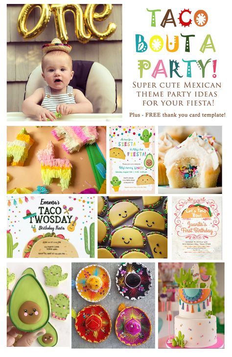 Taco bout a party!  Cute, colorful and easy fiesta theme ideas for your little one's party.  Whether it's the first fiesta or the fifth, you're sure to find great ideas.  PLUS - free thank you card instant download :) Burrito Birthday Party, First Fiesta Food, First Birthday Taco Theme, Taco First Birthday Party, First Birthday Fiesta Theme, Taco Themed Birthday Party, Taco Party Ideas, Taco Birthday Party, First Birthday Fiesta