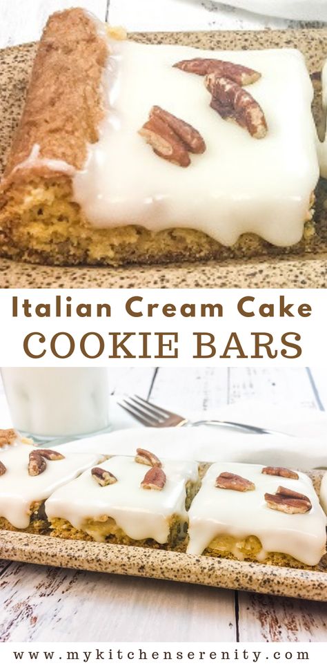 Delicious Italian Cream Cake baked in a sheet pan, then cut into bars or squares.  The ingredients form a chewy, cookie-like crust.  Topped with rich homemade cream cheese frosting.  It's the easiest Italian Cream Cake ever!  It's rich and decadent just like the original layered cake. #italiancreamcakerecipe #easycookiebars #cookiebarswithcakemix #easydessertrecipe Bar Desserts For A Crowd, Italian Desserts For A Crowd, Cake Cookie Bars, Beginner Baking, Fun Bars, Italian Cream Cake Recipe, Homemade Cream Cheese Frosting, Cookie Bars Easy, Chocolate Peanut Butter Desserts