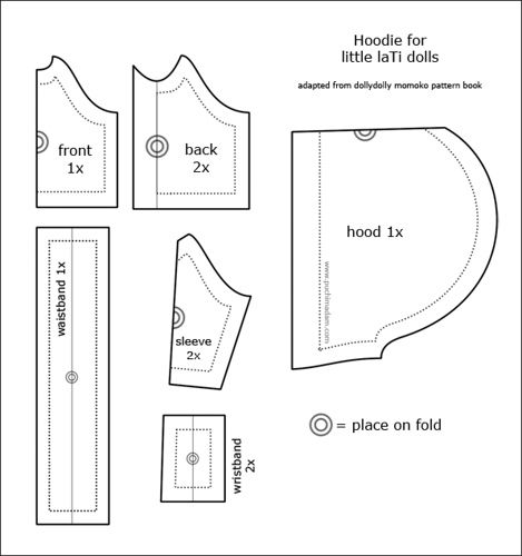 Hoodie Pattern for tiny Lati doll, but idea of pattern piece shapes could be sized up for bigger dolls. Doll Patterns Free, American Girl Patterns, Doll Clothes Patterns Free, American Girl Doll Patterns, Sewing Doll Clothes, Trendy Sewing, Hoodie Pattern, Doll Dress Patterns, Ag Doll Clothes