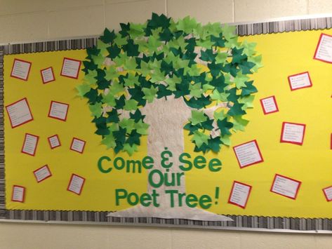 Our class poetry bulletin board-- "Come and See Our Poet Tree" Poetry Bulletin Board Ideas, Bulletin Board Ideas Middle School, Poetry Month Bulletin Board, English Bulletin Boards, Literacy Bulletin Boards, Poetry Bulletin Board, Paper Tree Classroom, Poetry Lesson Plans, Middle School Bulletin Boards