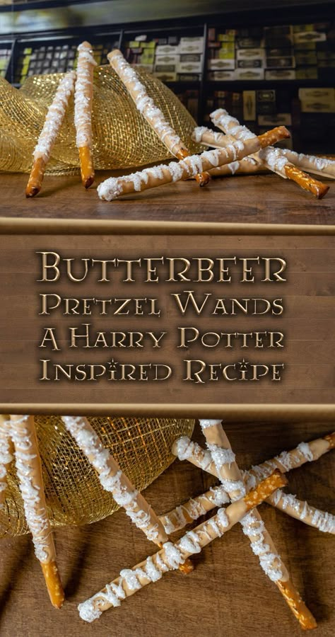 Harry Potter Snack Recipes, Butterbeer Snacks, Harry Potter Pretzel Wands, Healthy Harry Potter Snacks, Butterbeer Treats, Butterbeer Desserts, Harry Potter Breakfast, Harry Potter Charcuterie Board, Butterbeer Harry Potter